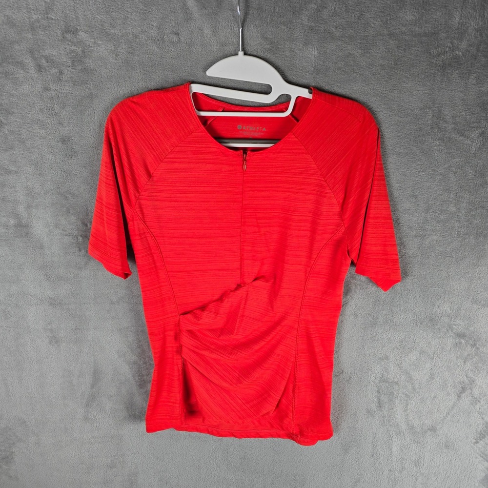 Athleta Womens Red Space Dye Cycling Jersey Quarter Zip Ruched Short Sleeve S